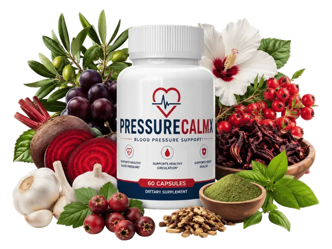 PressureCalm blood pressure support capsule bottle surrounded by hawthorn berries, garlic, hibiscus flower, olive leaves and beetroot