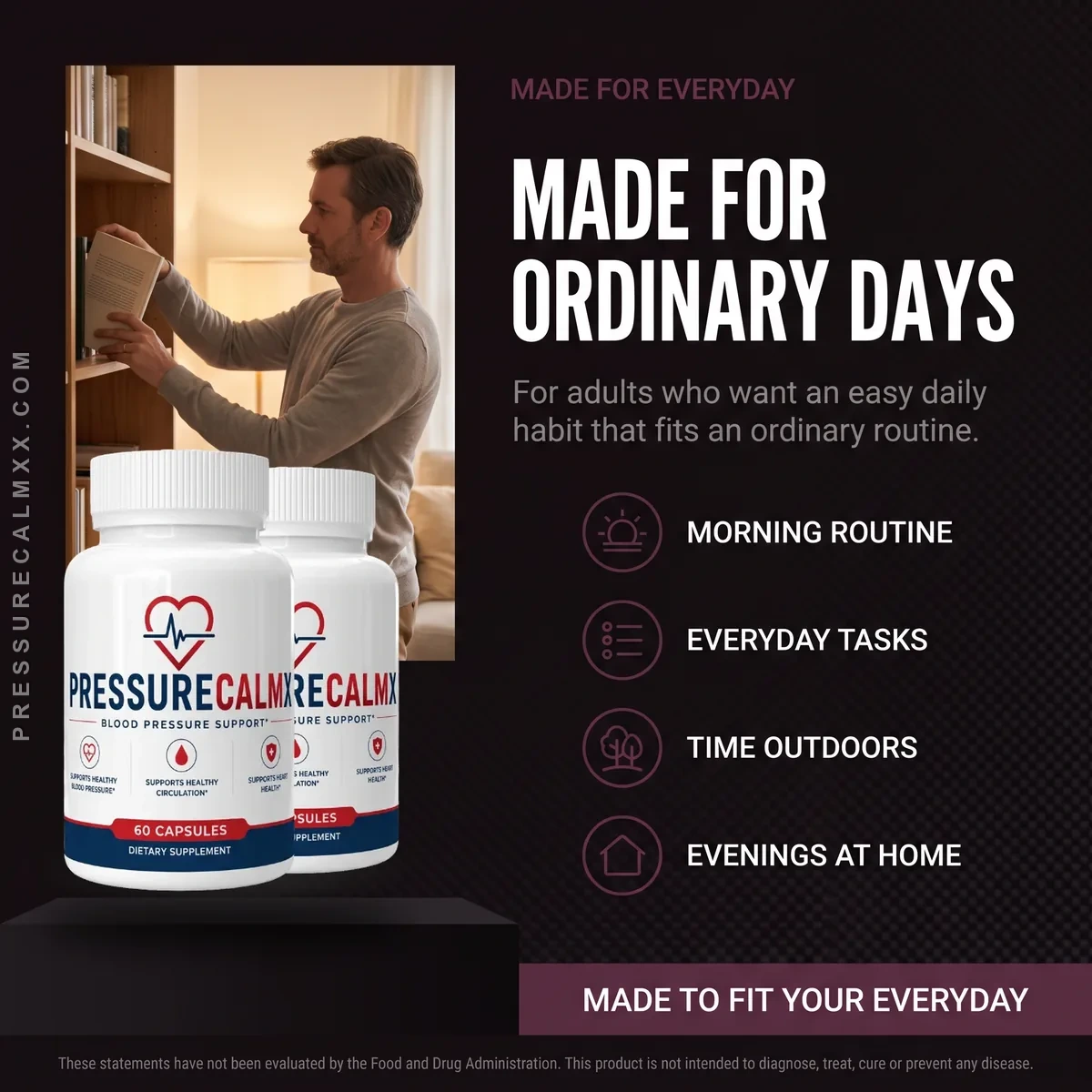 Who PressureCalm is for: adults who want an easy daily heart-health habit for mornings, everyday tasks, time outdoors and evenings at home